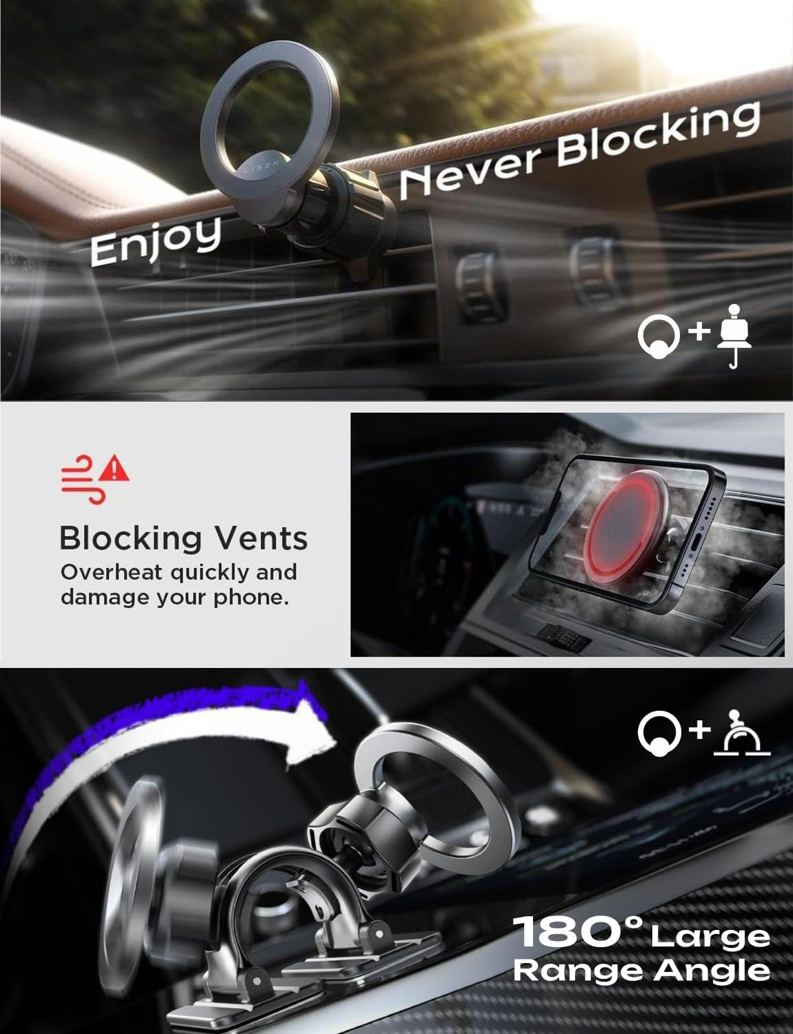 LISEN for Magsafe Car Mount [95% Increase Magnetism] Magnetic Phone Holders for Your Car,Car Accessories for Men Women Truck 360 Dashboard Vent Phone Mount for Garmin GPS Fit Iphone 16 15 14 13 12
