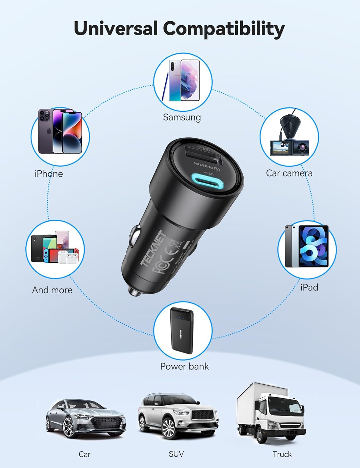 TECKNET USB C Car Charger [2Pack], 48W 2-Port Cigarette Lighter Fast Chargering, PD&QC3.0 USBC Car Charger Adapter Compatible with Iphone 16/15 Plus/15/14/13 Galaxy